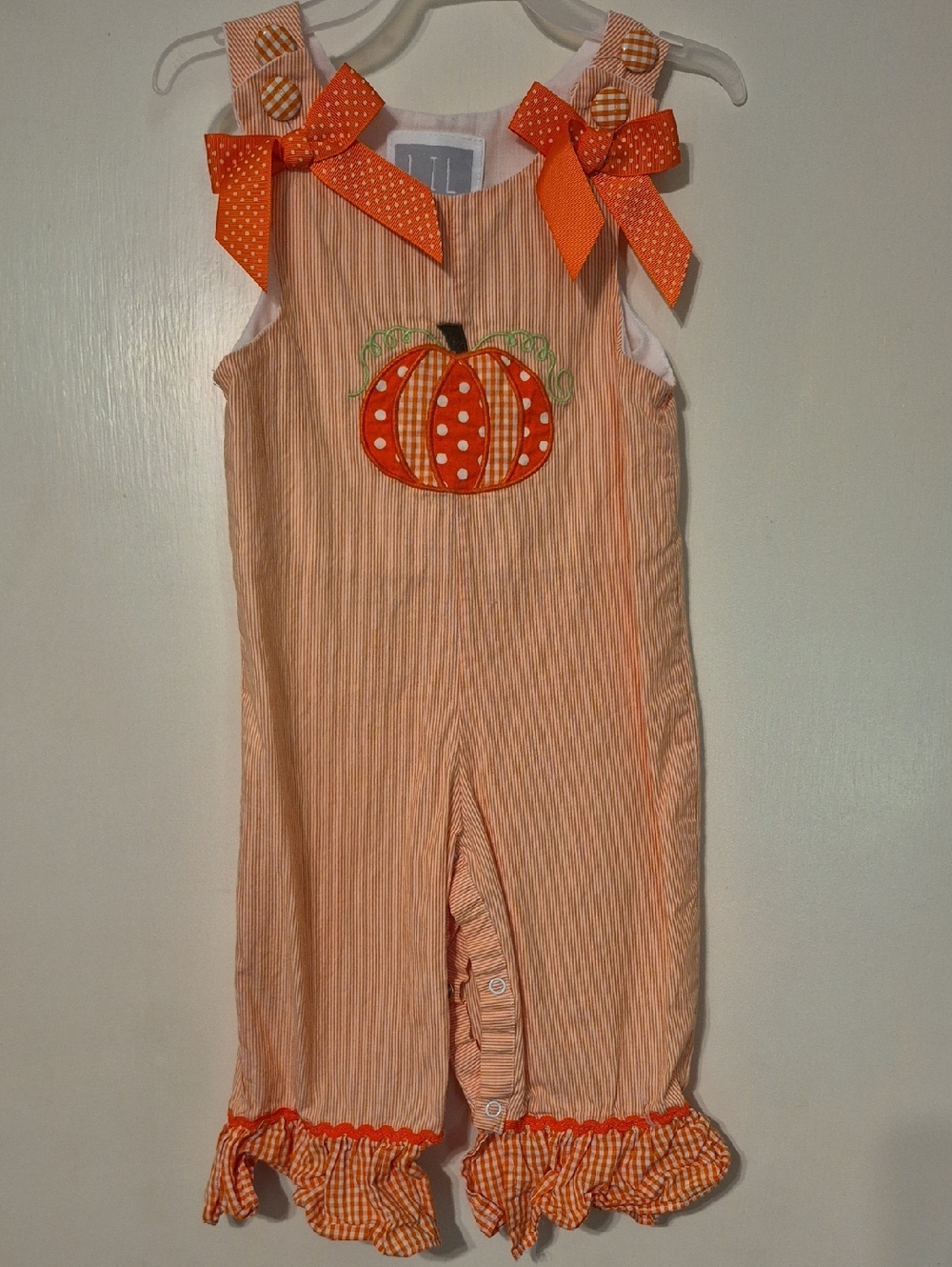 Orange Pumpkin Applique Ruffle Toddler Romper- 18-24mos
